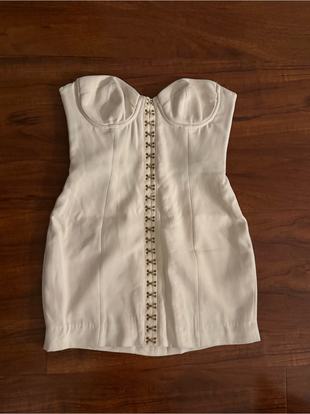 House of CB “Stevie” Cream Strapless Hook-and-Eye Mini Dress Sz M - Picture 2 of 5